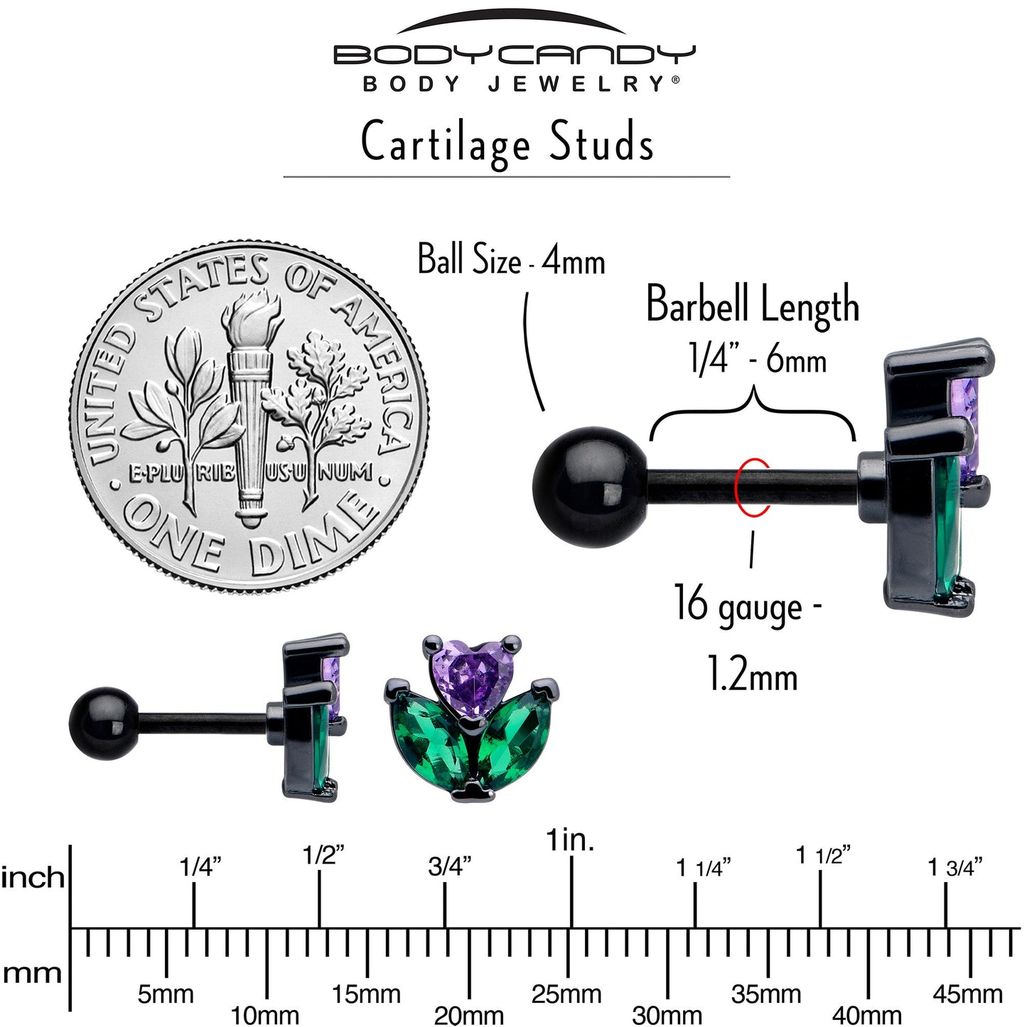 16G 1/4 Purple Green CZ Gem Black Love Flower Cartilage Earring