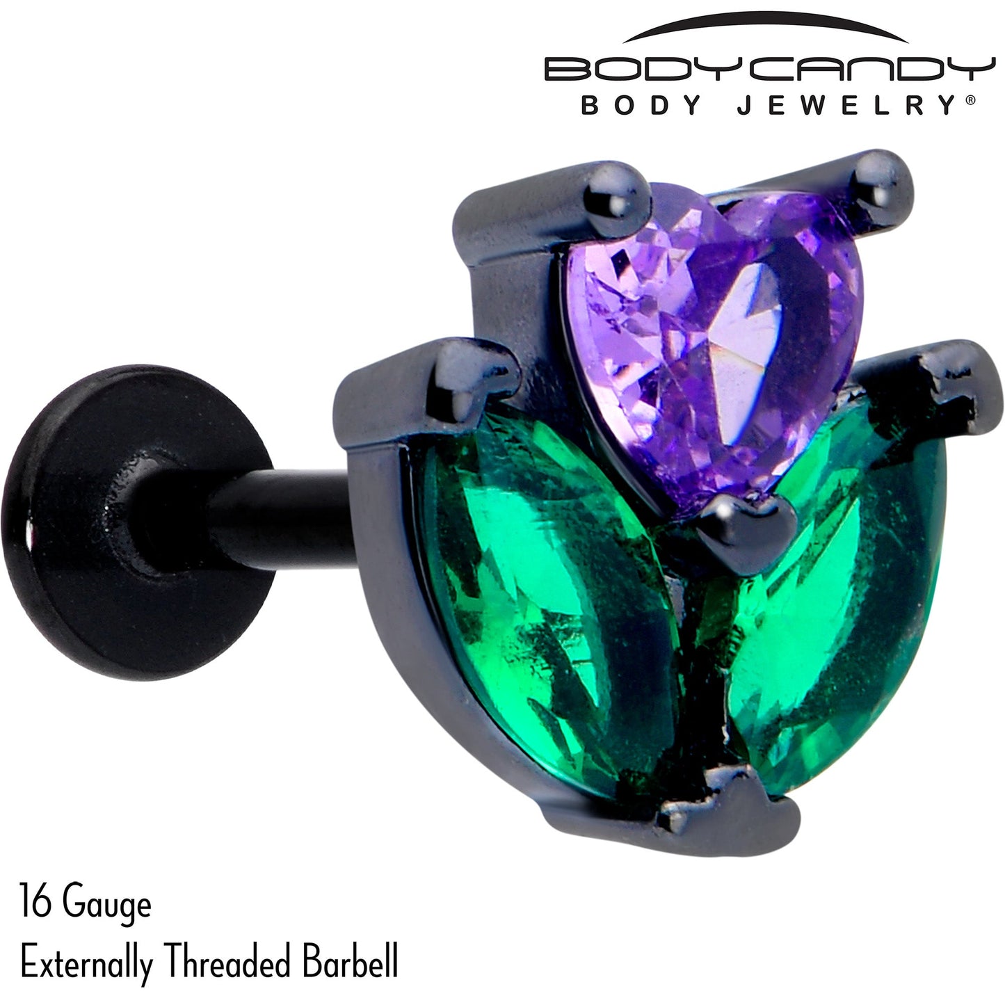 16G 5/16 Purple Green CZ Gem Black Love Flower Labret Monroe Tragus