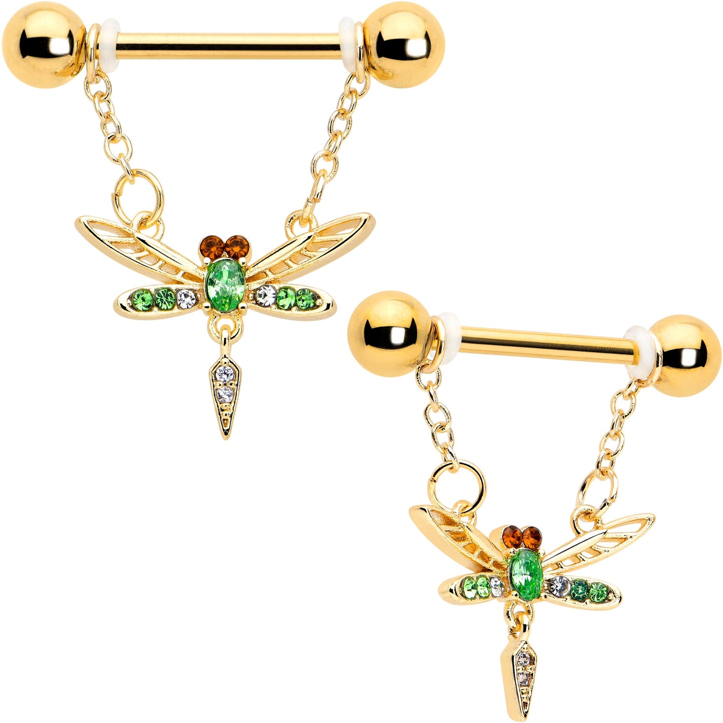 14G 9/16 Green Gem Gold Tone Swank Dragonfly Dangle Nipple Ring Set