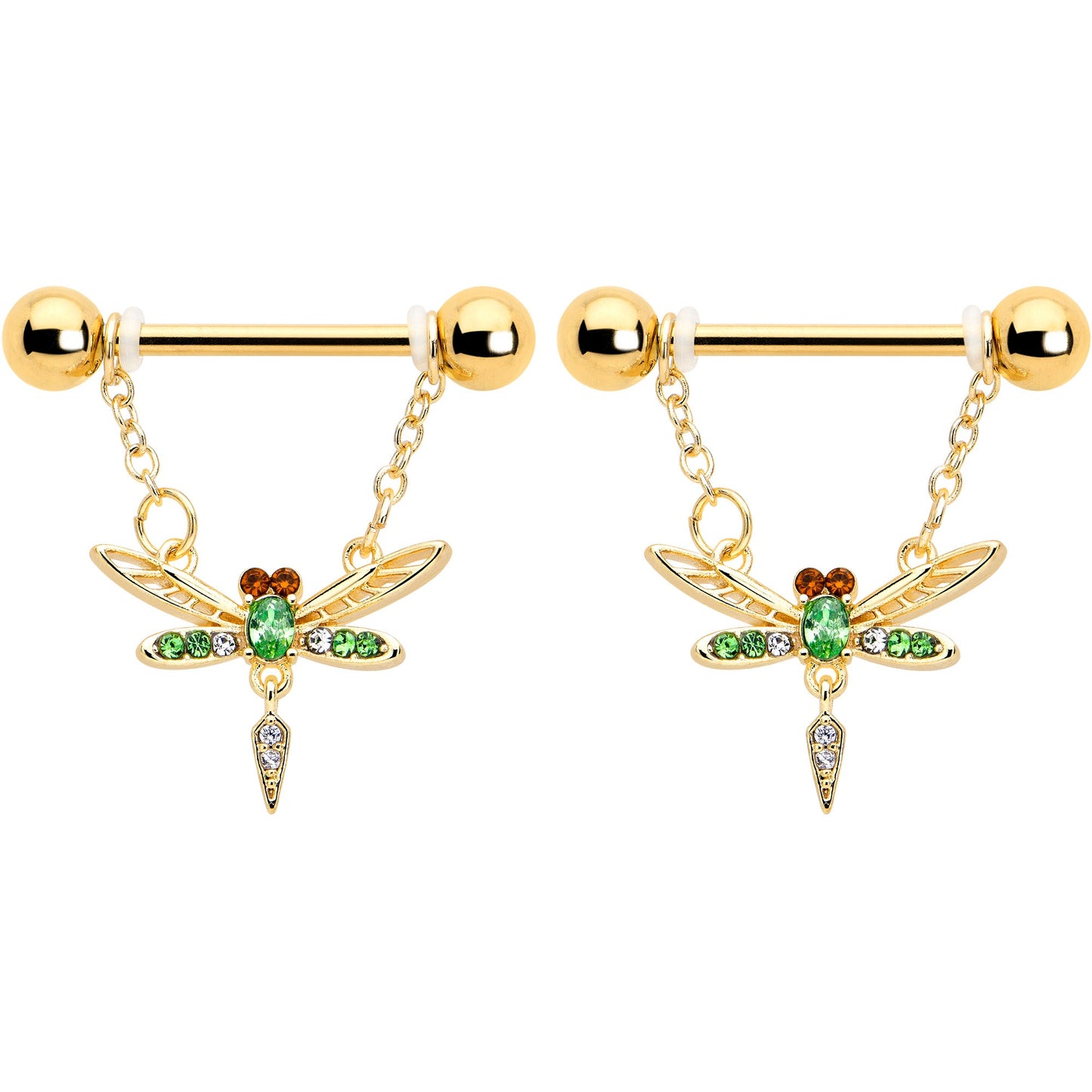 14G 9/16 Green Gem Gold Tone Swank Dragonfly Dangle Nipple Ring Set