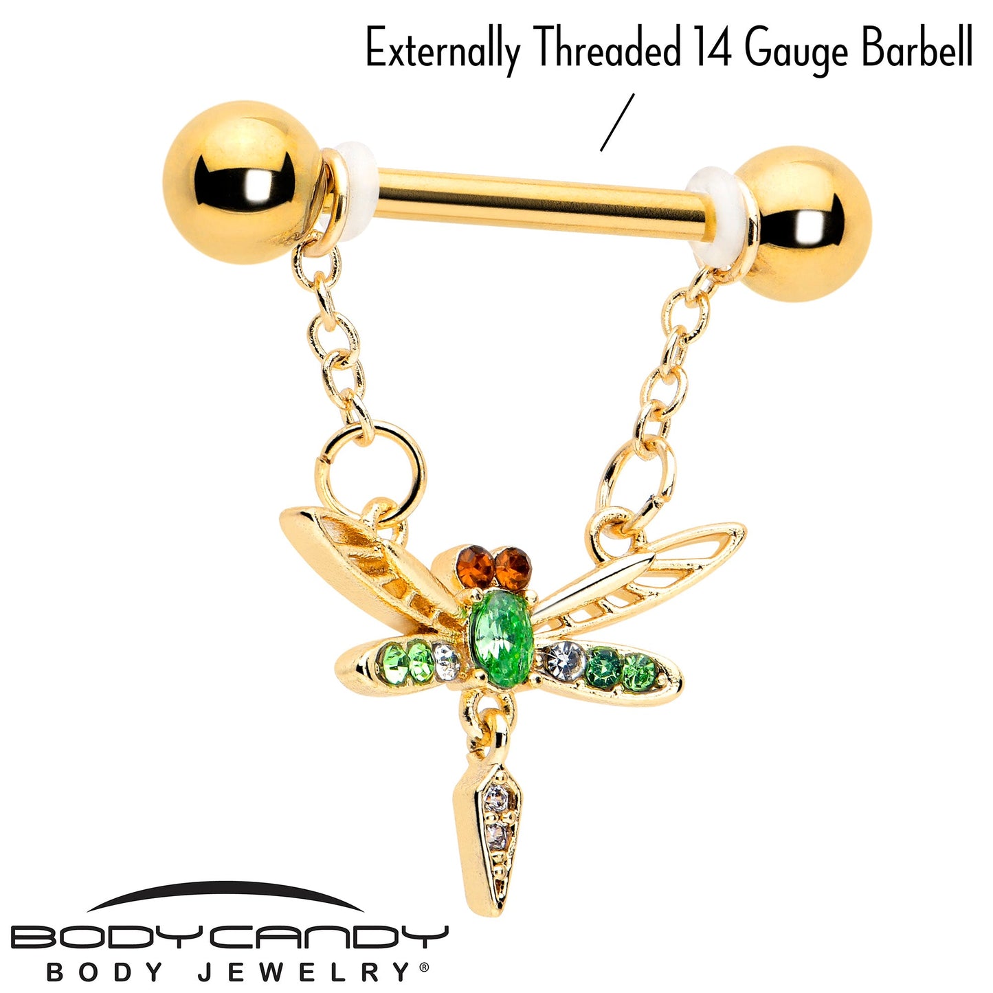 14G 9/16 Green Gem Gold Tone Swank Dragonfly Dangle Nipple Ring Set
