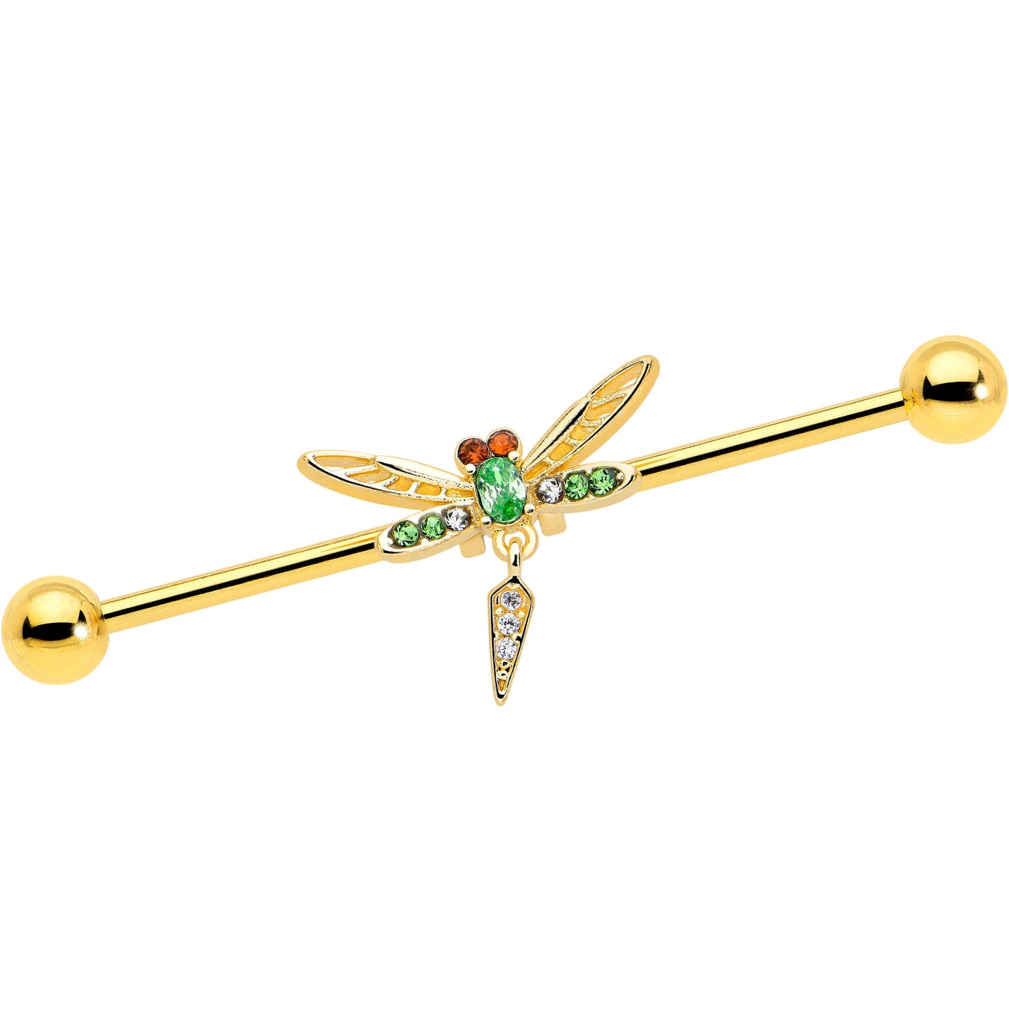 14G Green Gem Gold Tone Swank Dragonfly Dangle Industrial Barbell 38mm