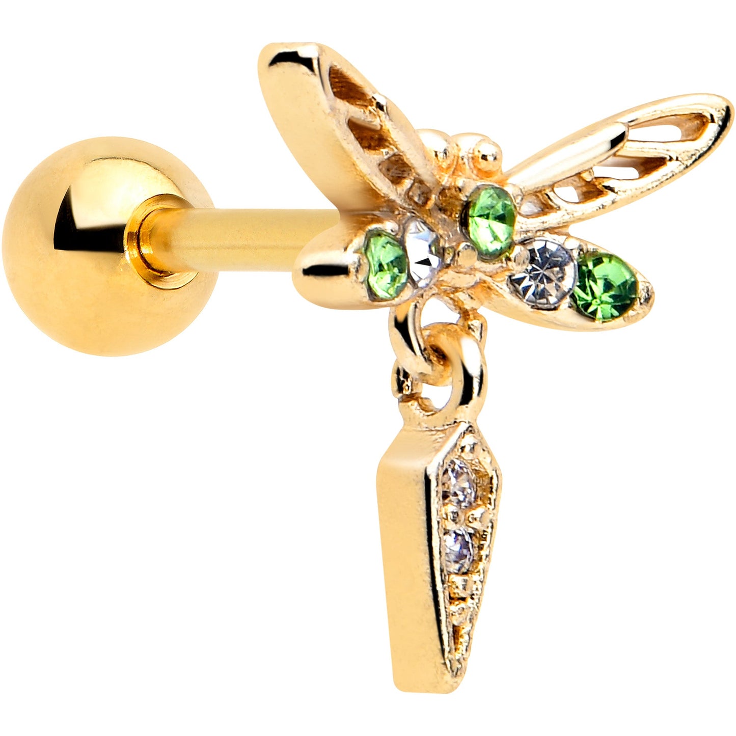 16G 1/4 Green Gem Gold Tone Swank Dragonfly Dangle Cartilage Earring