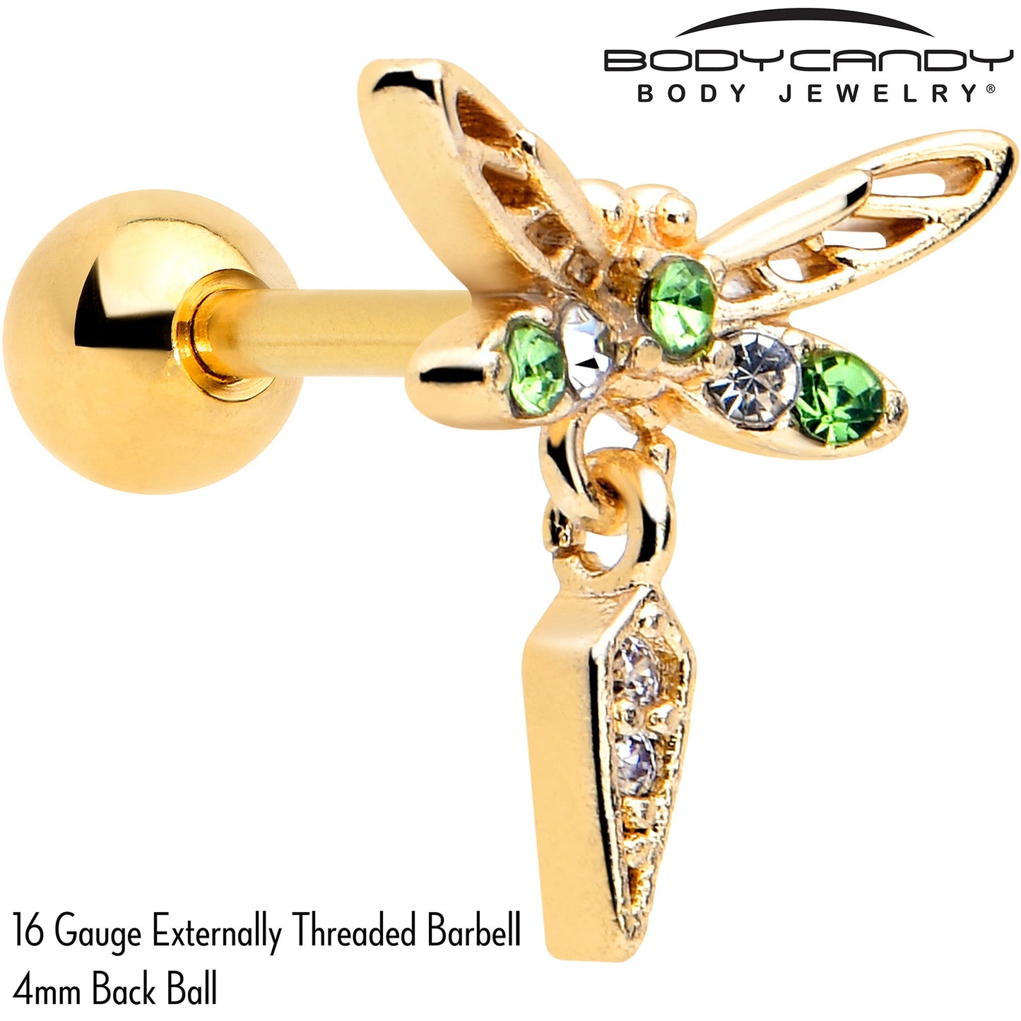 16G 1/4 Green Gem Gold Tone Swank Dragonfly Dangle Cartilage Earring