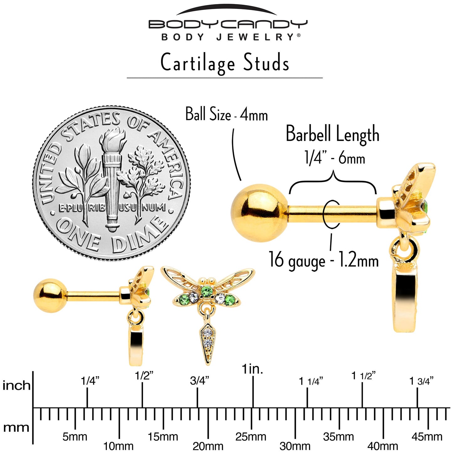 16G 1/4 Green Gem Gold Tone Swank Dragonfly Dangle Cartilage Earring