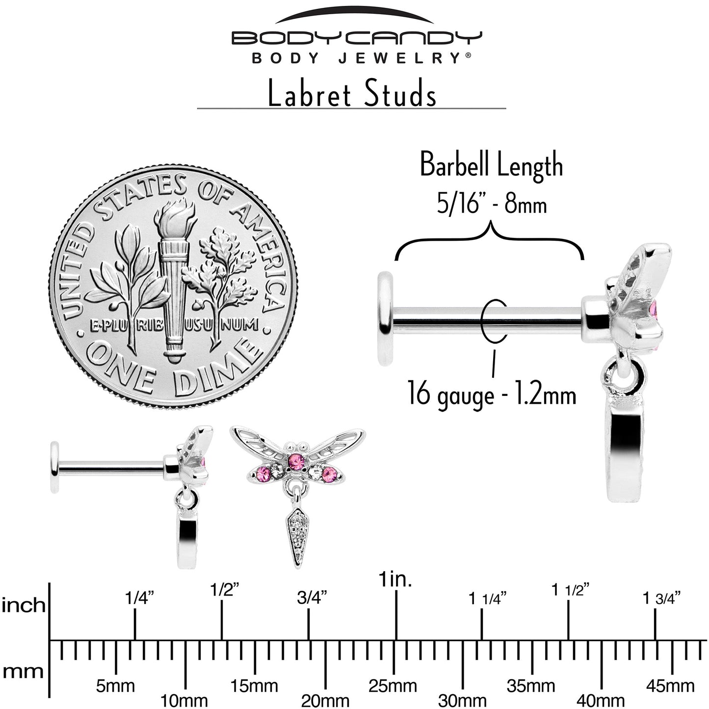 16G 5/16 Pink Gem Swank Dragonfly Dangle Labret Monroe Tragus