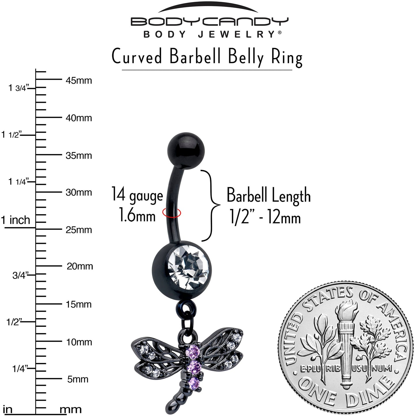 Purple CZ Gem Black Night Dragonfly Dangle Belly Ring