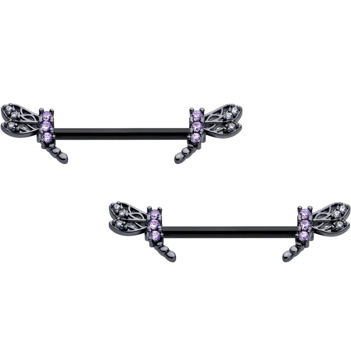14G 9/16 Purple CZ Gem Black Night Dragonfly Barbell Nipple Ring Set