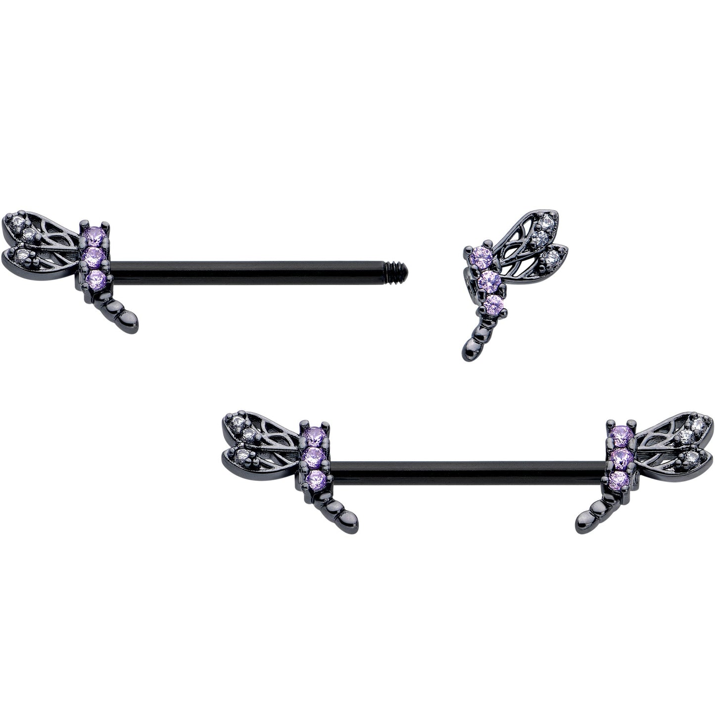 14G 9/16 Purple CZ Gem Black Night Dragonfly Barbell Nipple Ring Set