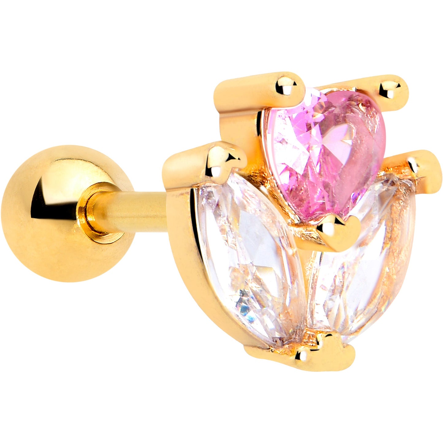 16G 1/4 Pink CZ Gem Gold Tone Love Flower Cartilage Tragus Earring