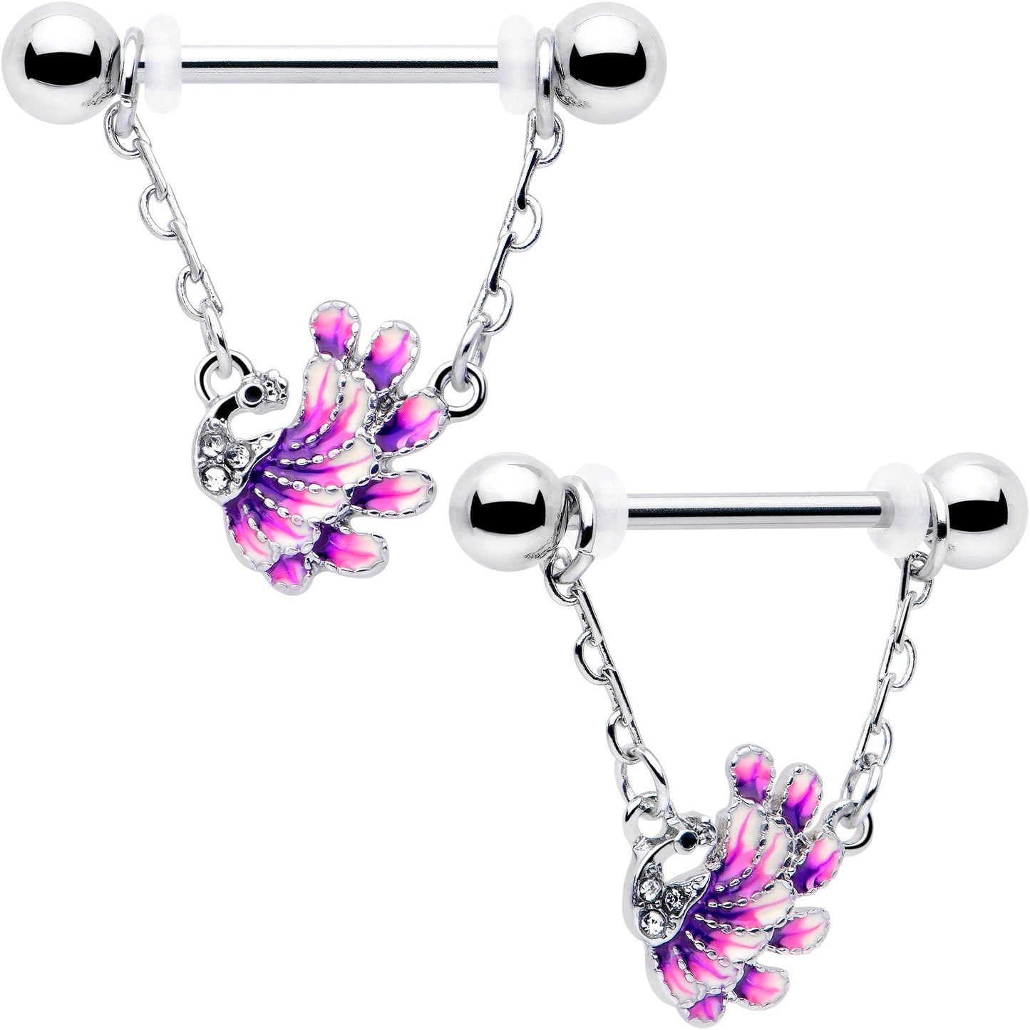 14G 9/16 Clear Gem Peacock Purple Chain Dangle Nipple Ring Set