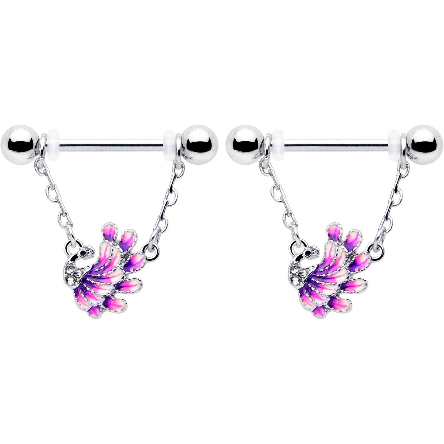 14G 9/16 Clear Gem Peacock Purple Chain Dangle Nipple Ring Set