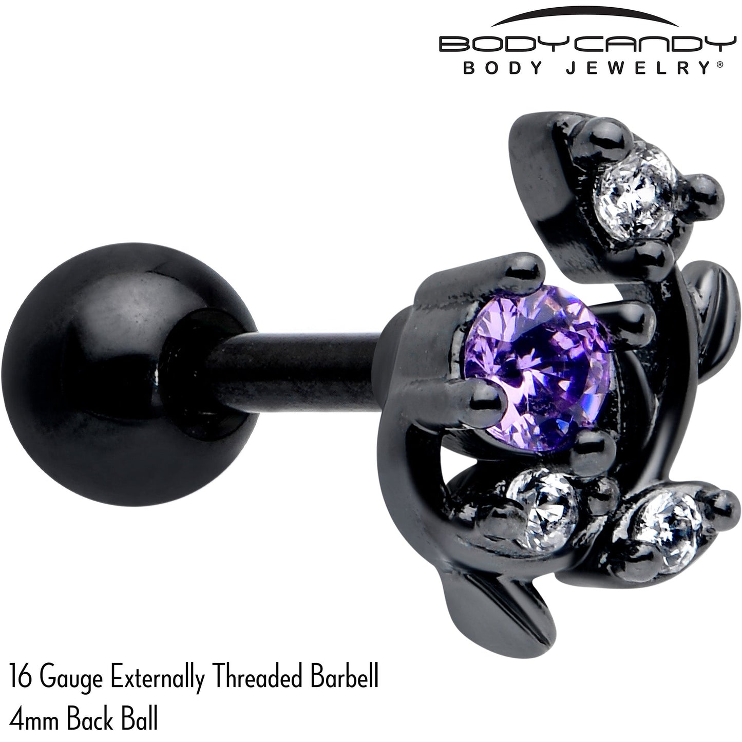 16G 1/4 Purple CZ Gem Black Twining Vine Cartilage Tragus Earring