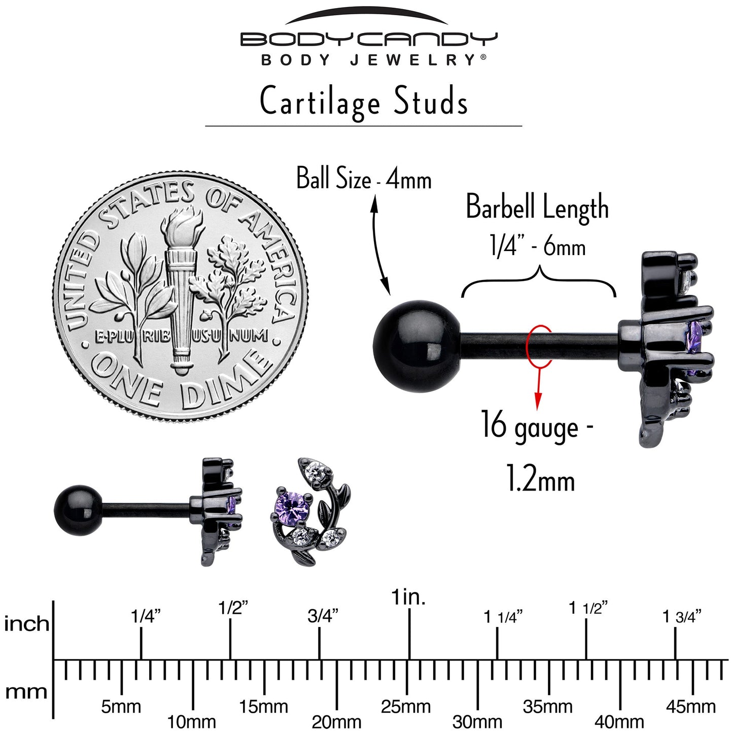 16G 1/4 Purple CZ Gem Black Twining Vine Cartilage Tragus Earring