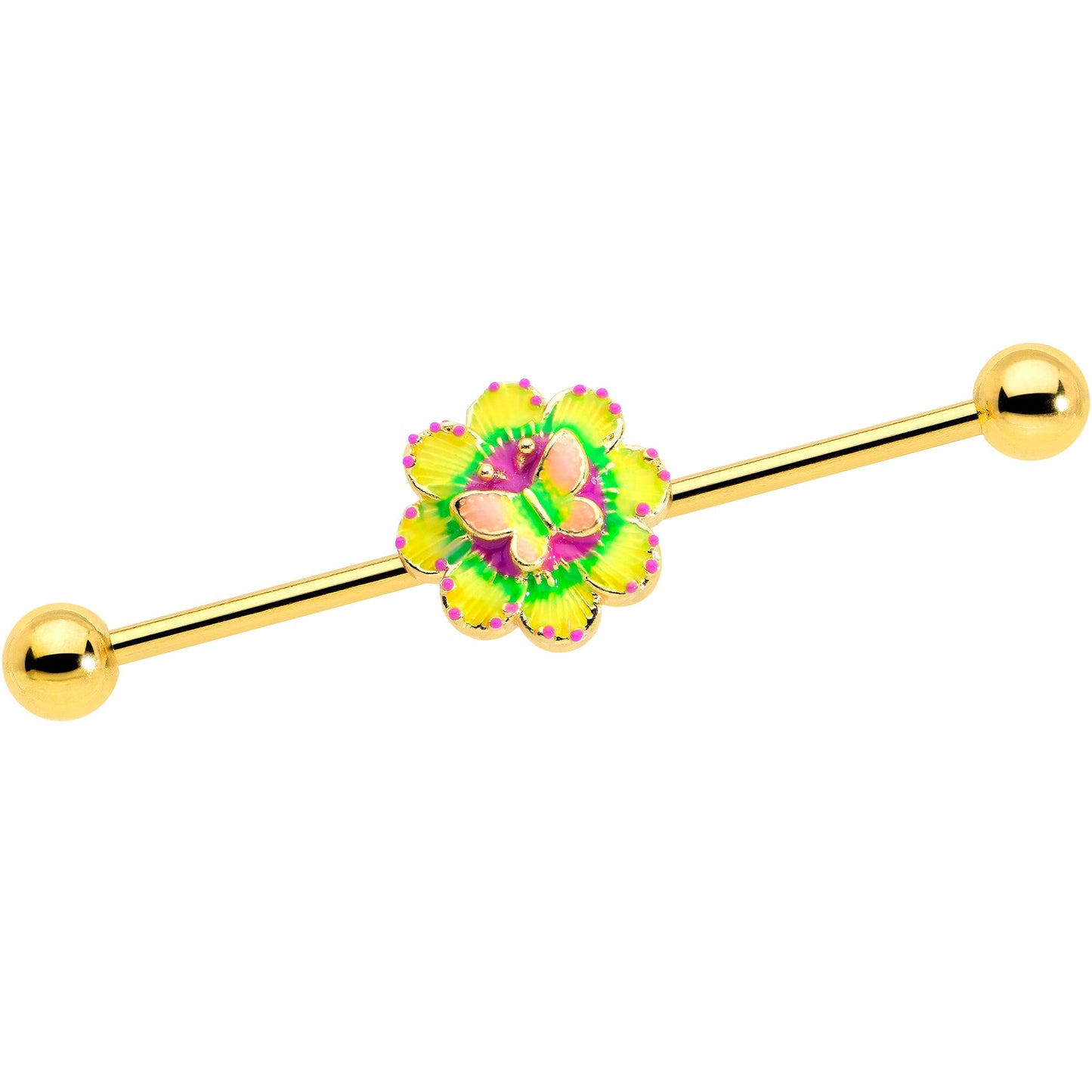 14G Gold Tone Tie Dye Butterfly Style Industrial Barbell 38mm
