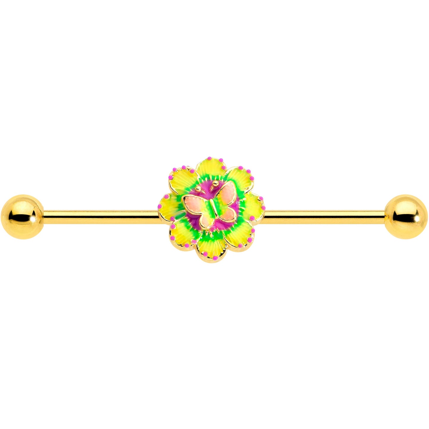 14G Gold Tone Tie Dye Butterfly Style Industrial Barbell 38mm