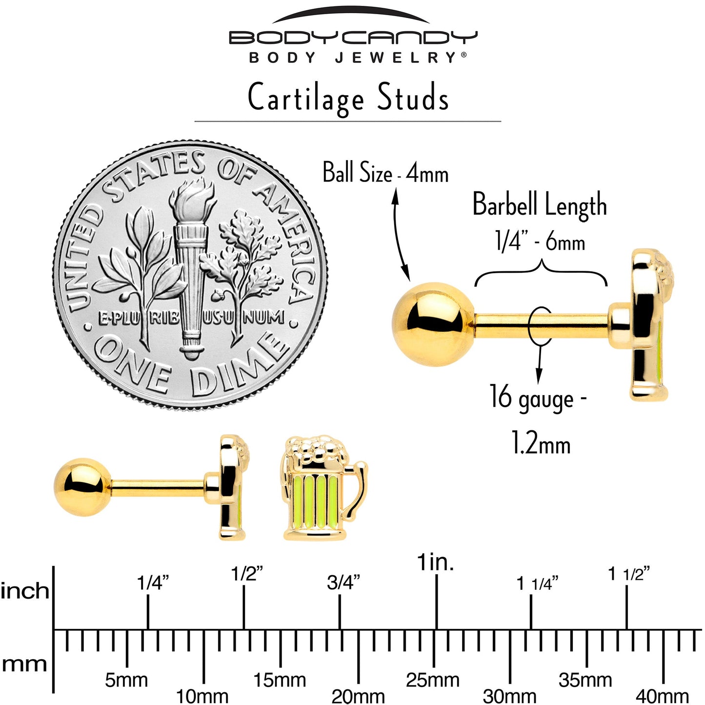 16G 1/4 Clear Gem Gold Tone Happy Hour Cartilage Earrings Set of 3