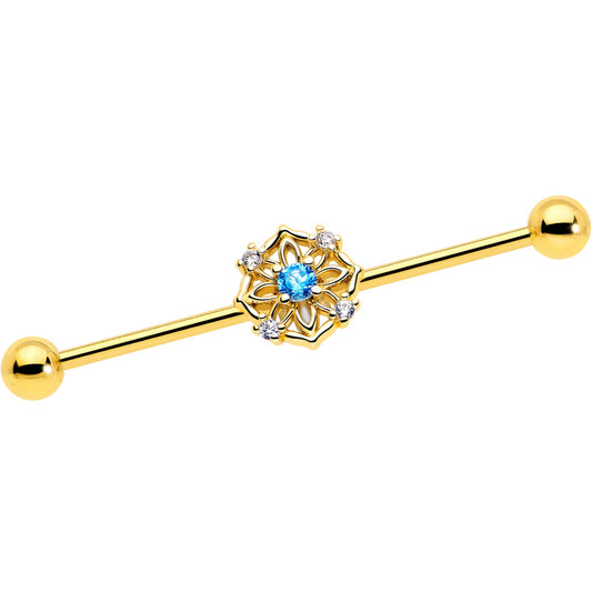 14G Blue CZ Gem Gold Tone Flower Ring Industrial Barbell 38mm