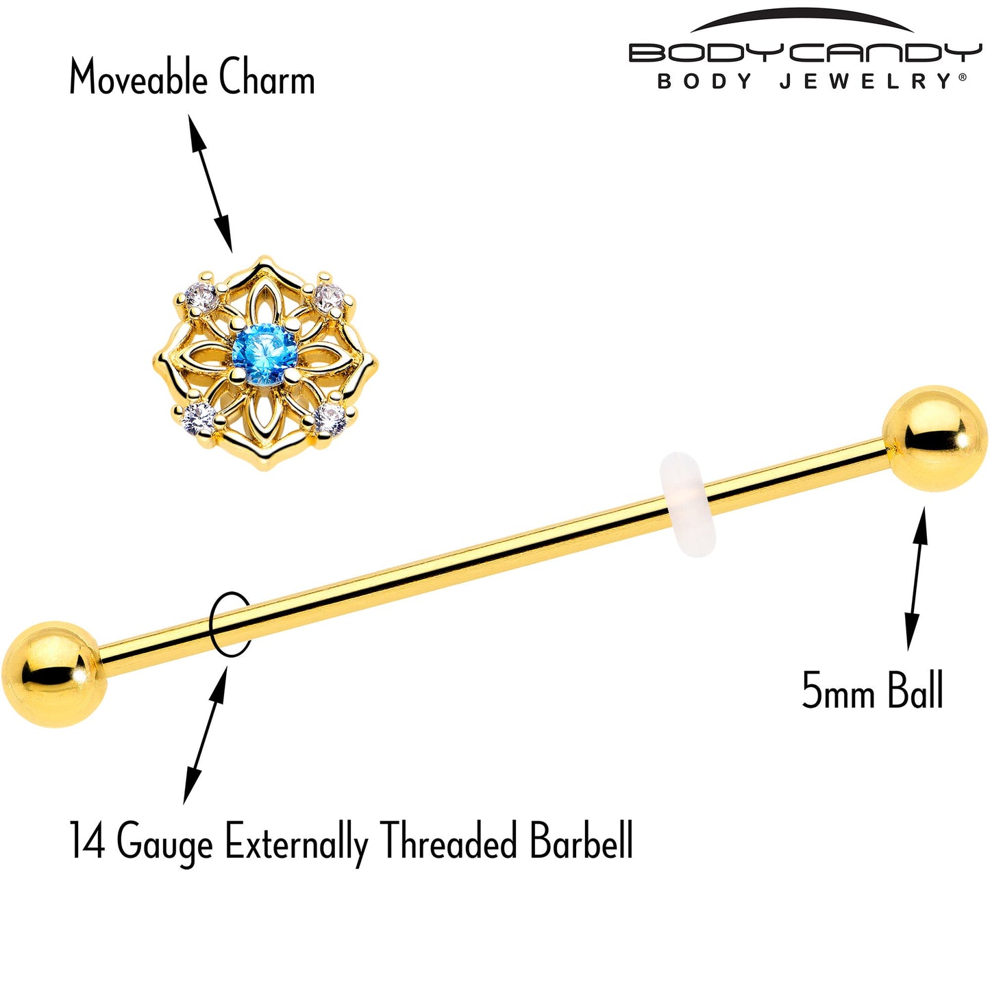 14G Blue CZ Gem Gold Tone Flower Ring Industrial Barbell 38mm