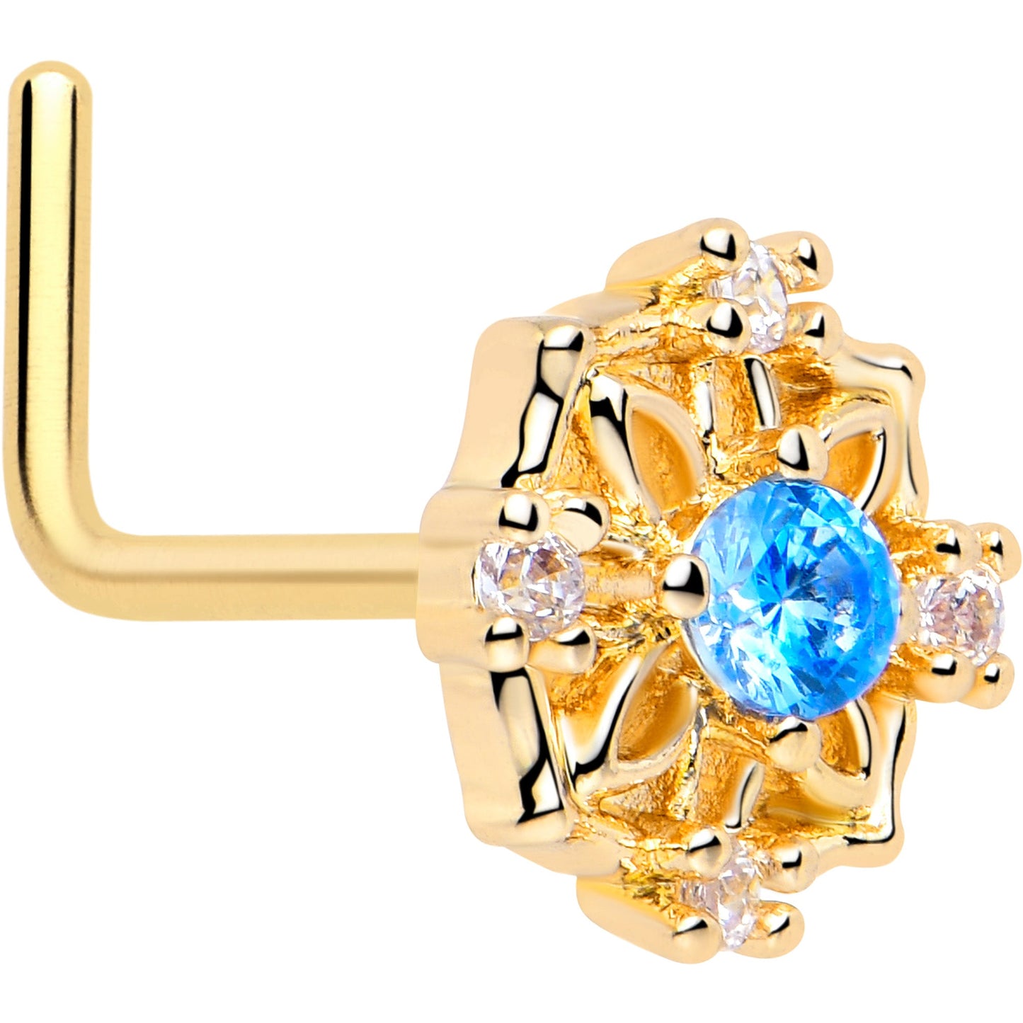 20G 7mm Blue CZ Gem Gold Tone Flower Ring L Shape Nose Ring