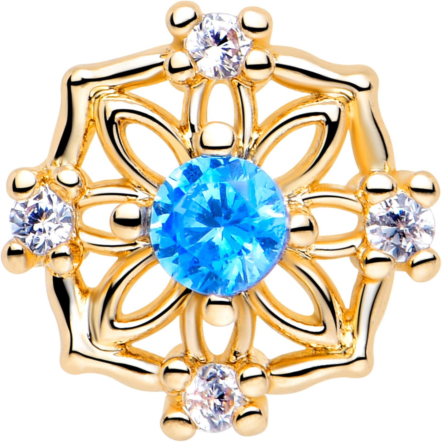 20G 7mm Blue CZ Gem Gold Tone Flower Ring L Shape Nose Ring
