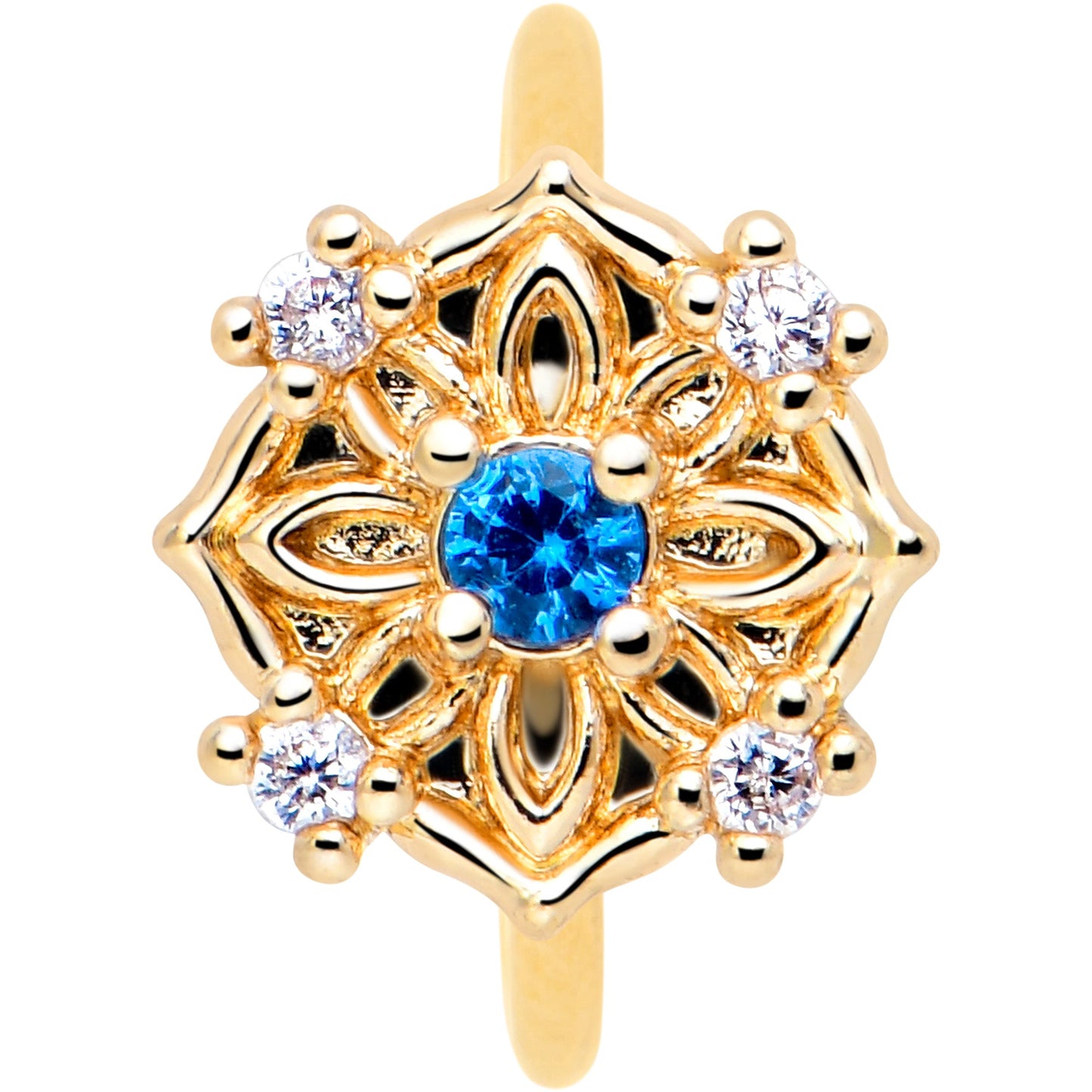 20G 5/16 Blue CZ Gem Gold Tone Flower Ring Nose Hoop