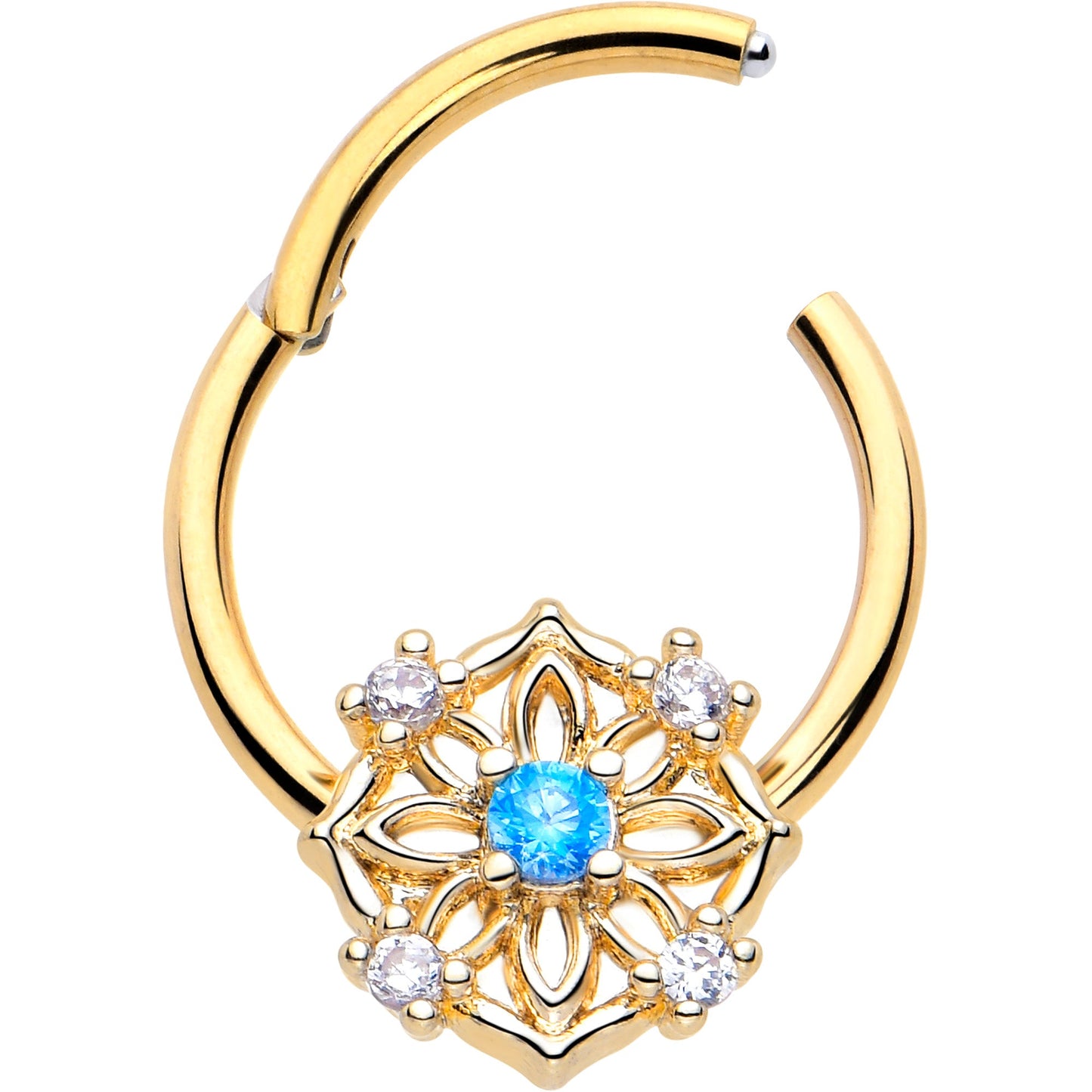 16G 3/8 Blue CZ Gem Gold Tone Flower Ring Hinged Segment Ring