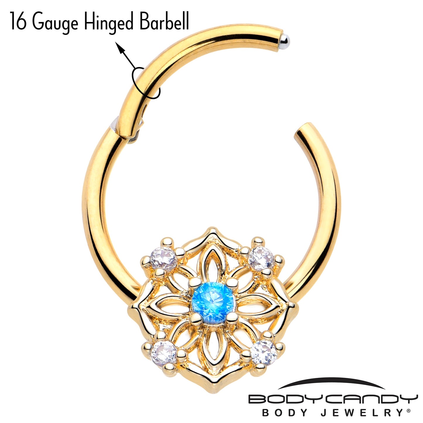 16G 3/8 Blue CZ Gem Gold Tone Flower Ring Hinged Segment Ring