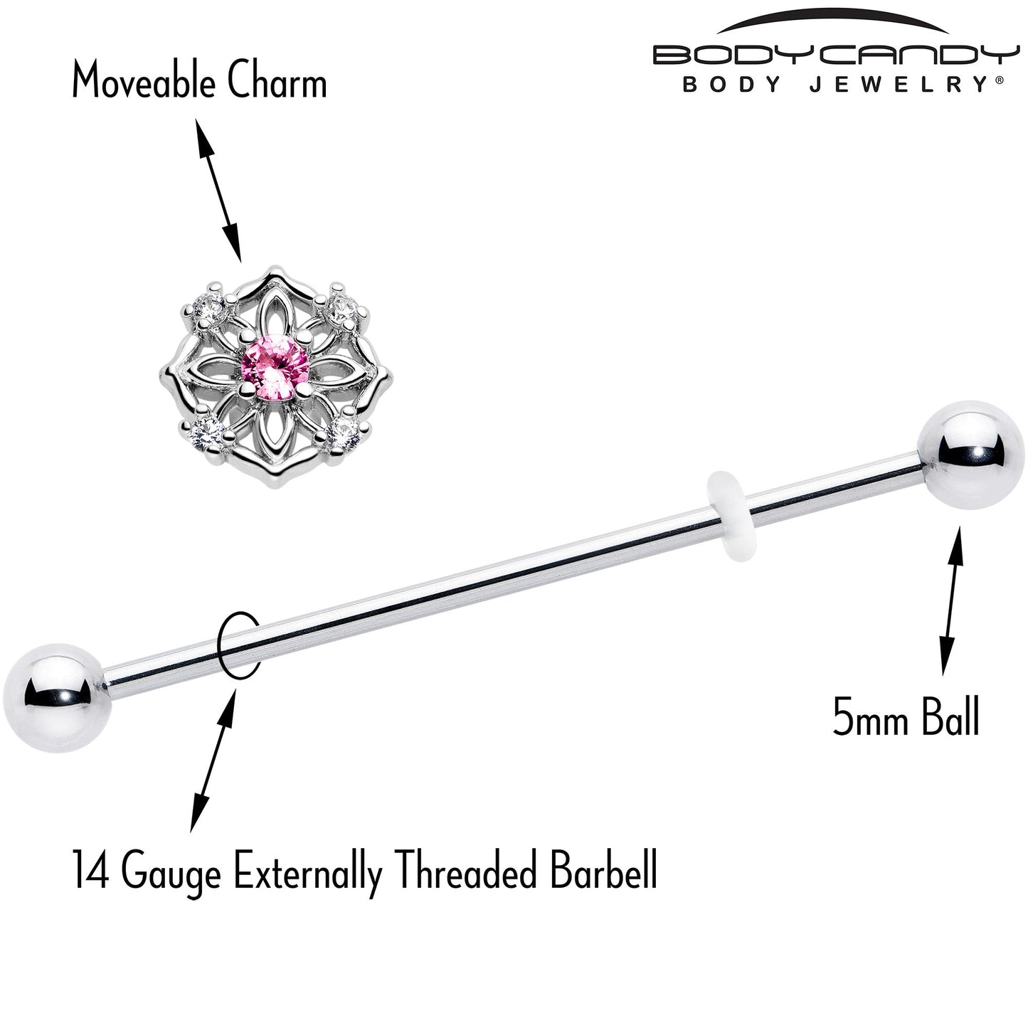 14G Pink CZ Gem Flower Circle Industrial Barbell 38mm