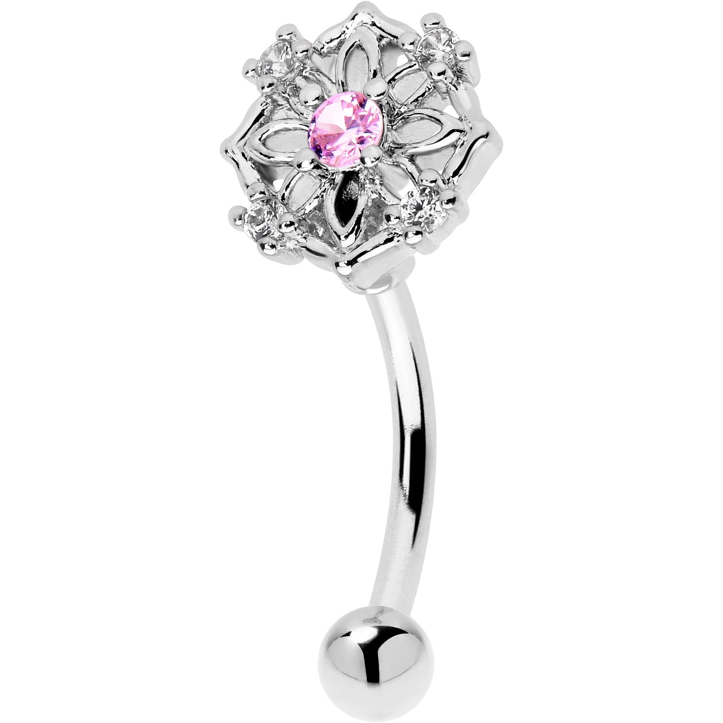 16G 5/16 Pink CZ Gem Flower Circle Curved Eyebrow Ring