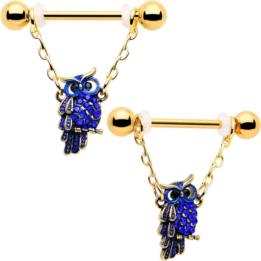 14G 9/16 Blue Gem Gold Tone Sky Owl Chain Dangle Nipple Ring Set