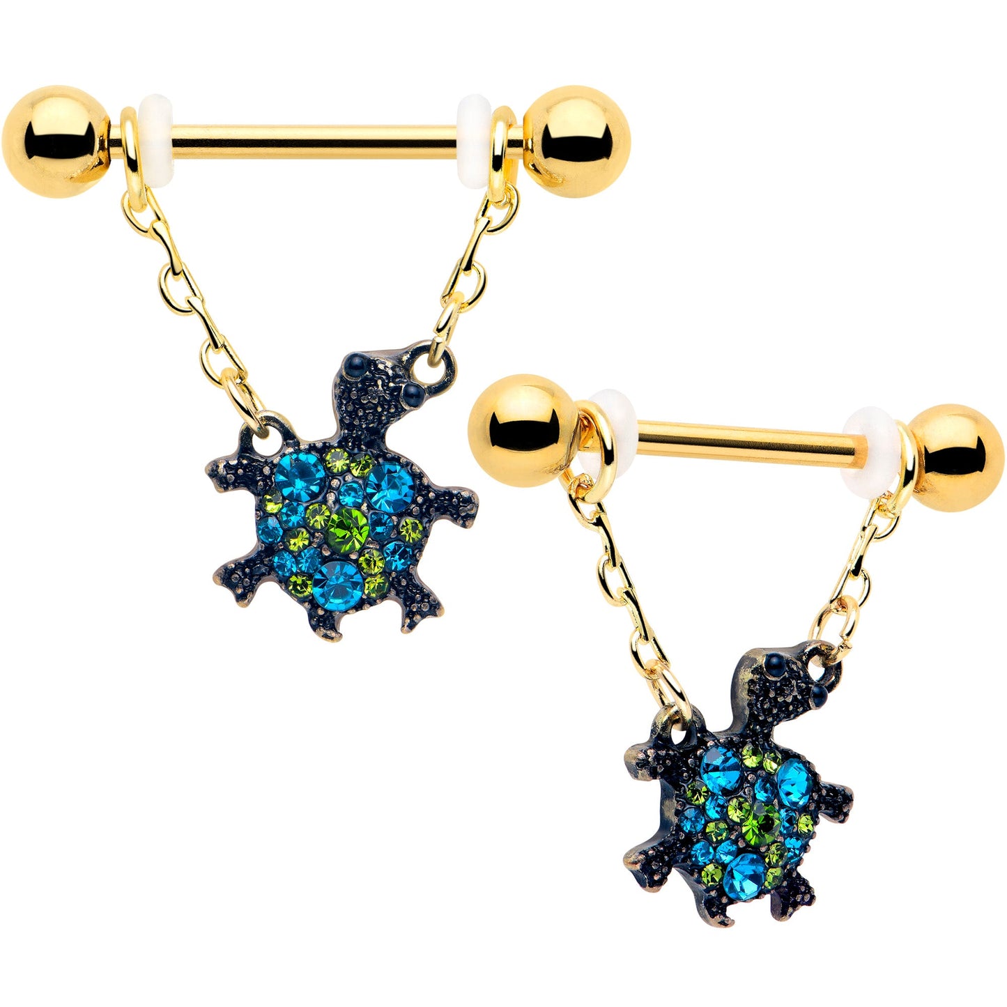 14G 9/16 Blue Gem Gold Hue Sweet Sea Turtle Dangle Nipple Ring Set