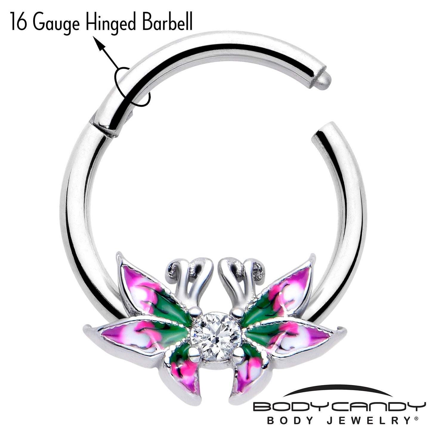 16G 3/8 Clear CZ Gem Profile Butterflies Hinged Segment Ring