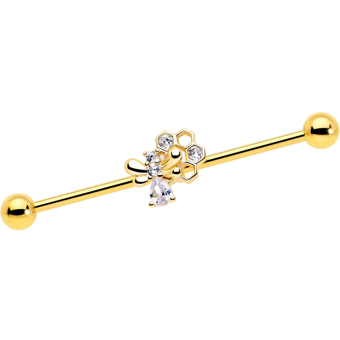 14G Clear CZ Gem Gold Tone Bee Hive Luv Industrial Barbell 38mm