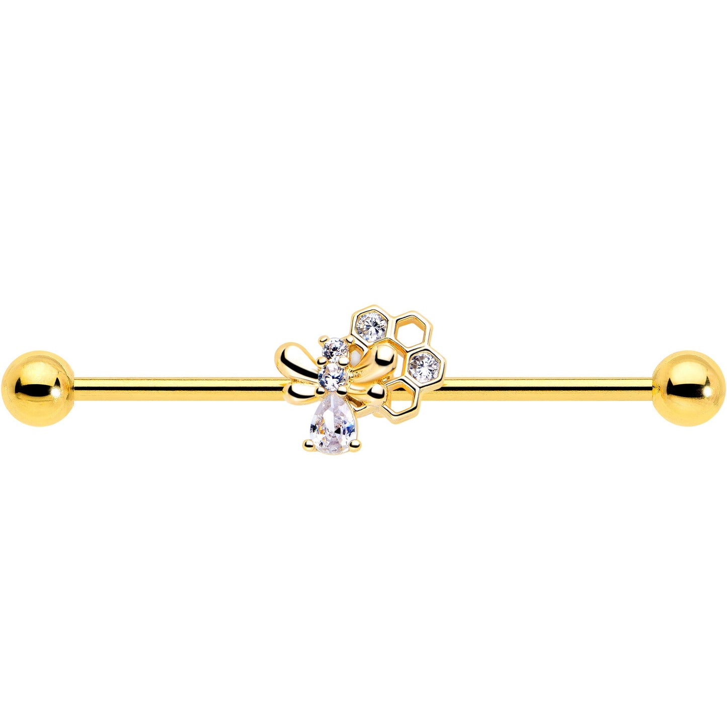 14G Clear CZ Gem Gold Tone Bee Hive Luv Industrial Barbell 38mm