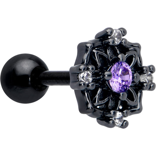 16G 1/4 Purple CZ Gem Black Flower Ring Cartilage Tragus Earring
