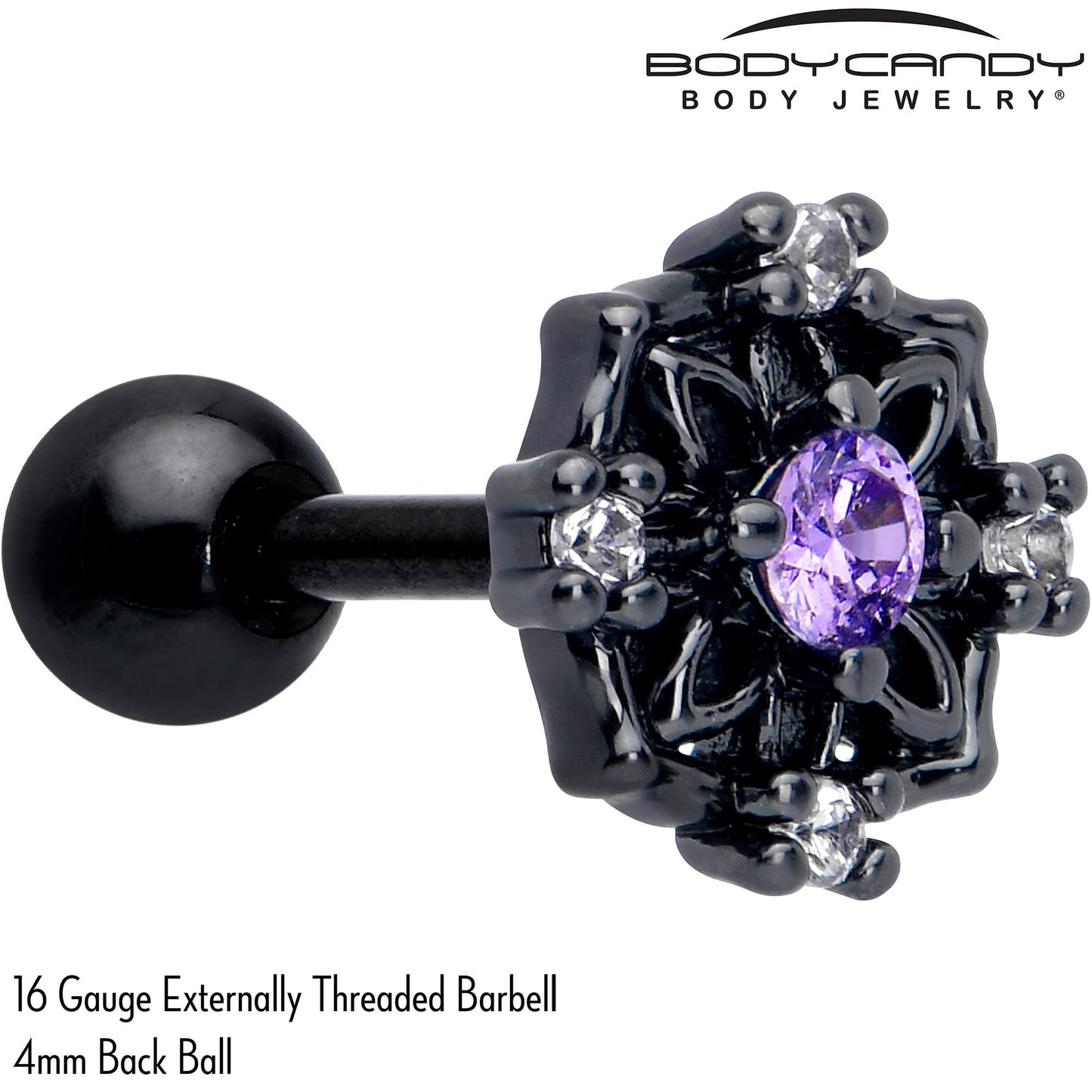 16G 1/4 Purple CZ Gem Black Flower Ring Cartilage Tragus Earring