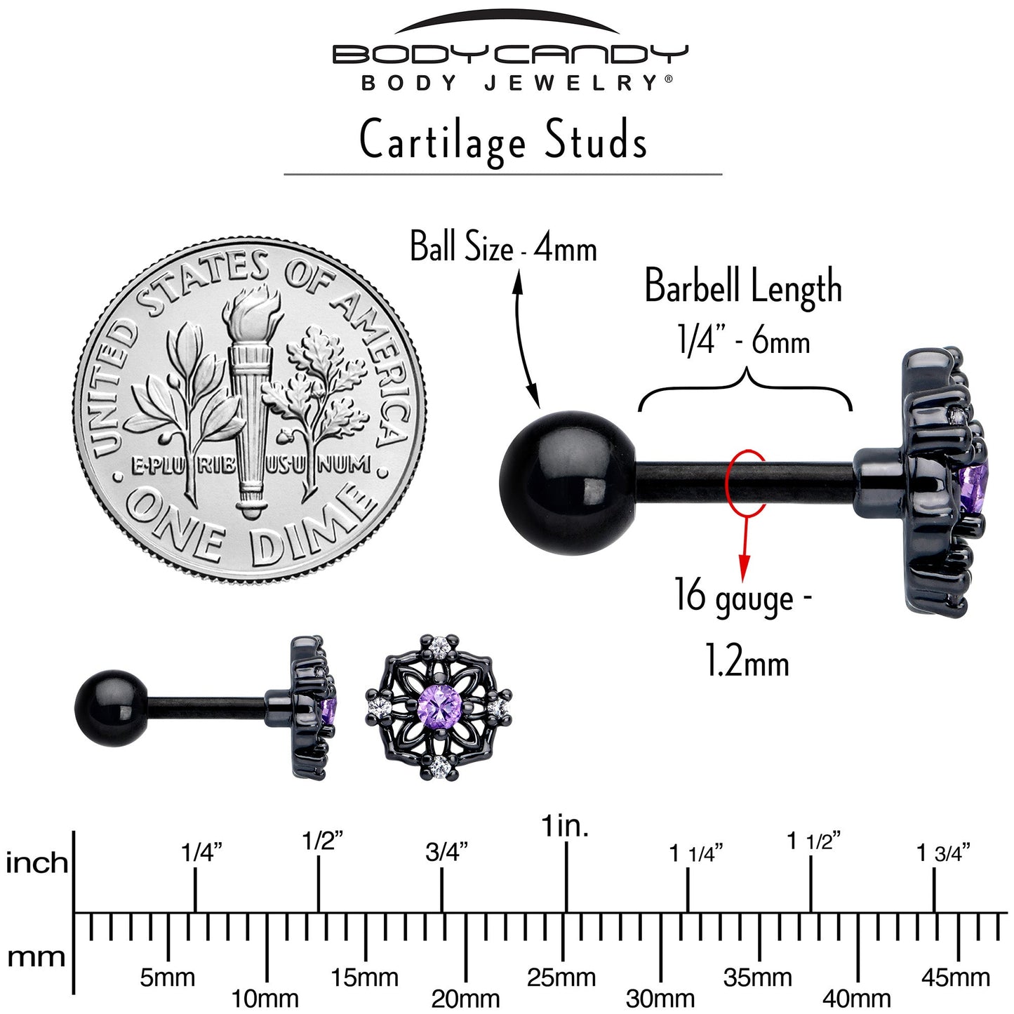 16G 1/4 Purple CZ Gem Black Flower Ring Cartilage Tragus Earring