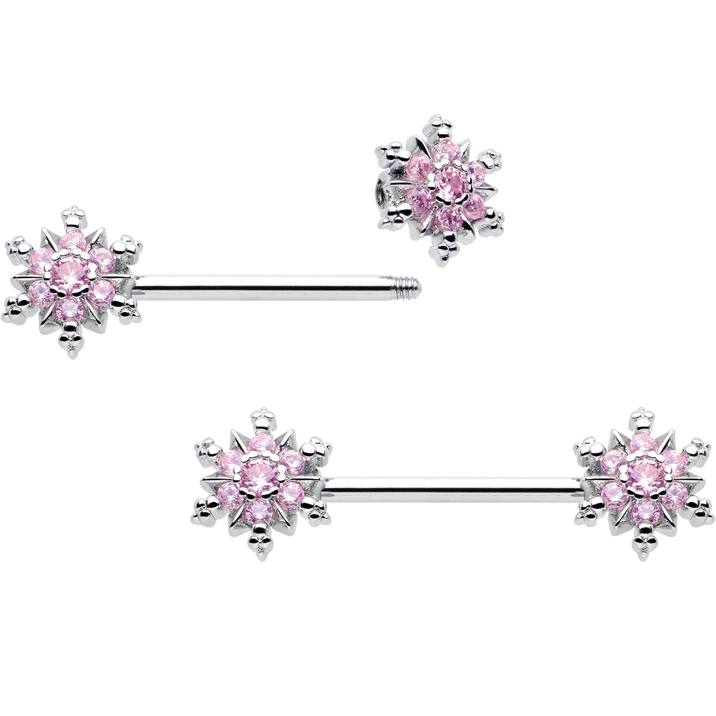 14G 9/16 Pink CZ Gem Snowflake Glam Barbell Nipple Ring Set