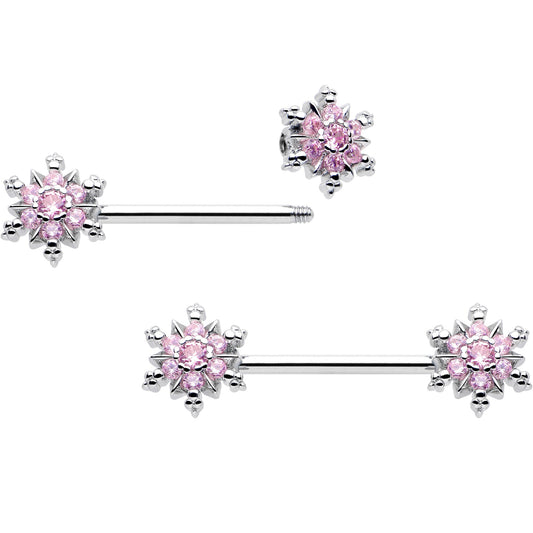14G 9/16 Pink CZ Gem Snowflake Glam Barbell Nipple Ring Set