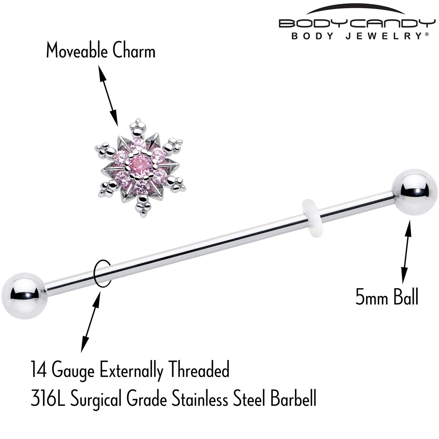 14G Pink CZ Gem Snowflake Glam Industrial Barbell 38mm