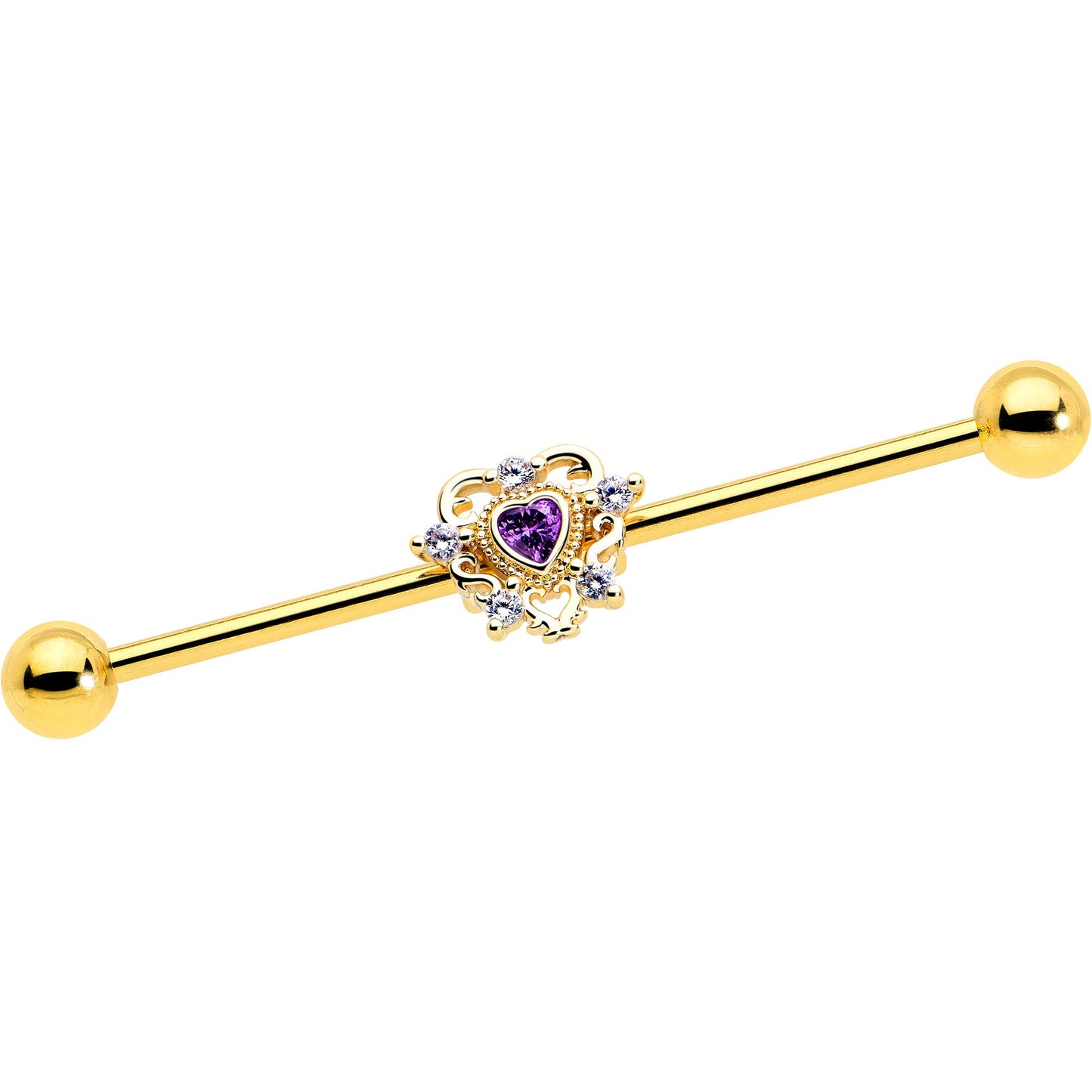 14G Purple CZ Gem Gold Tone Heart of Love Industrial Barbell 38mm
