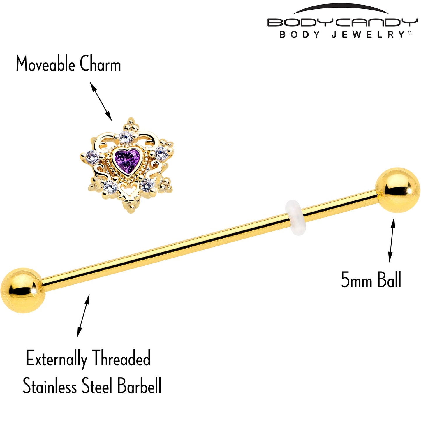 14G Purple CZ Gem Gold Tone Heart of Love Industrial Barbell 38mm