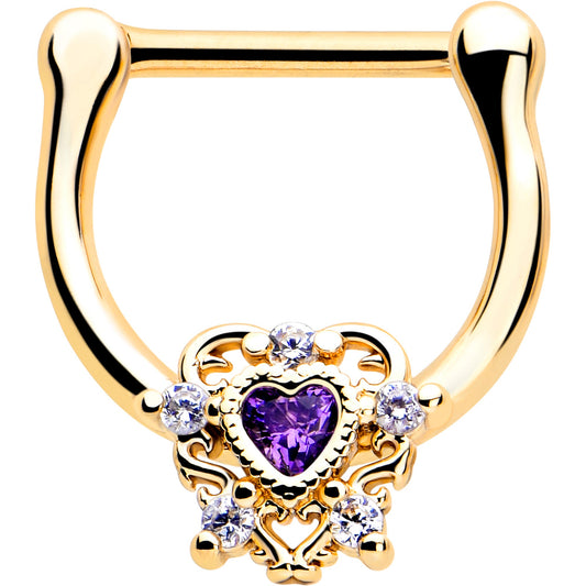 16G 5/16 Purple CZ Gem Gold Tone Heart of Love Cartilage Clicker