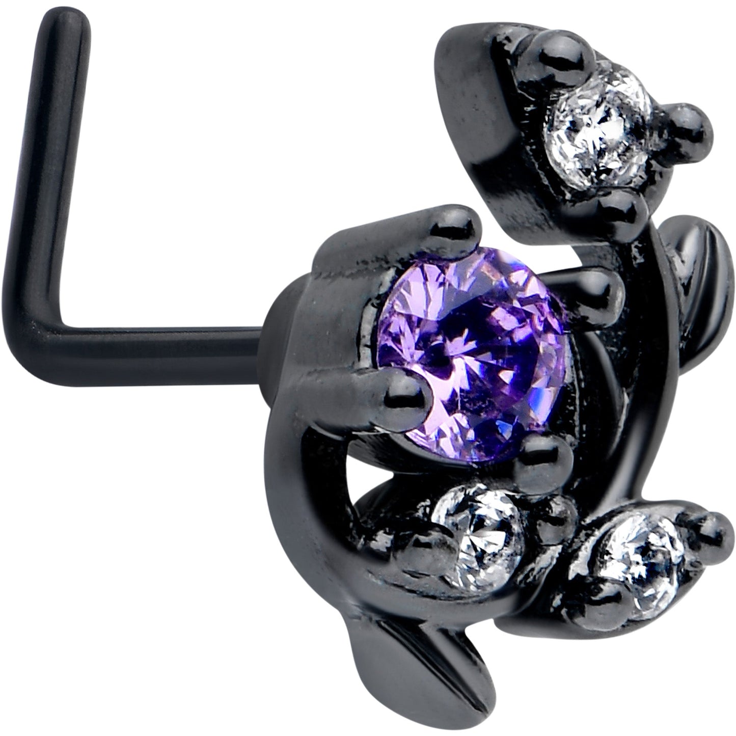 20G 7mm Purple Clear Gem Black Twining Vine L Shape Nose Ring