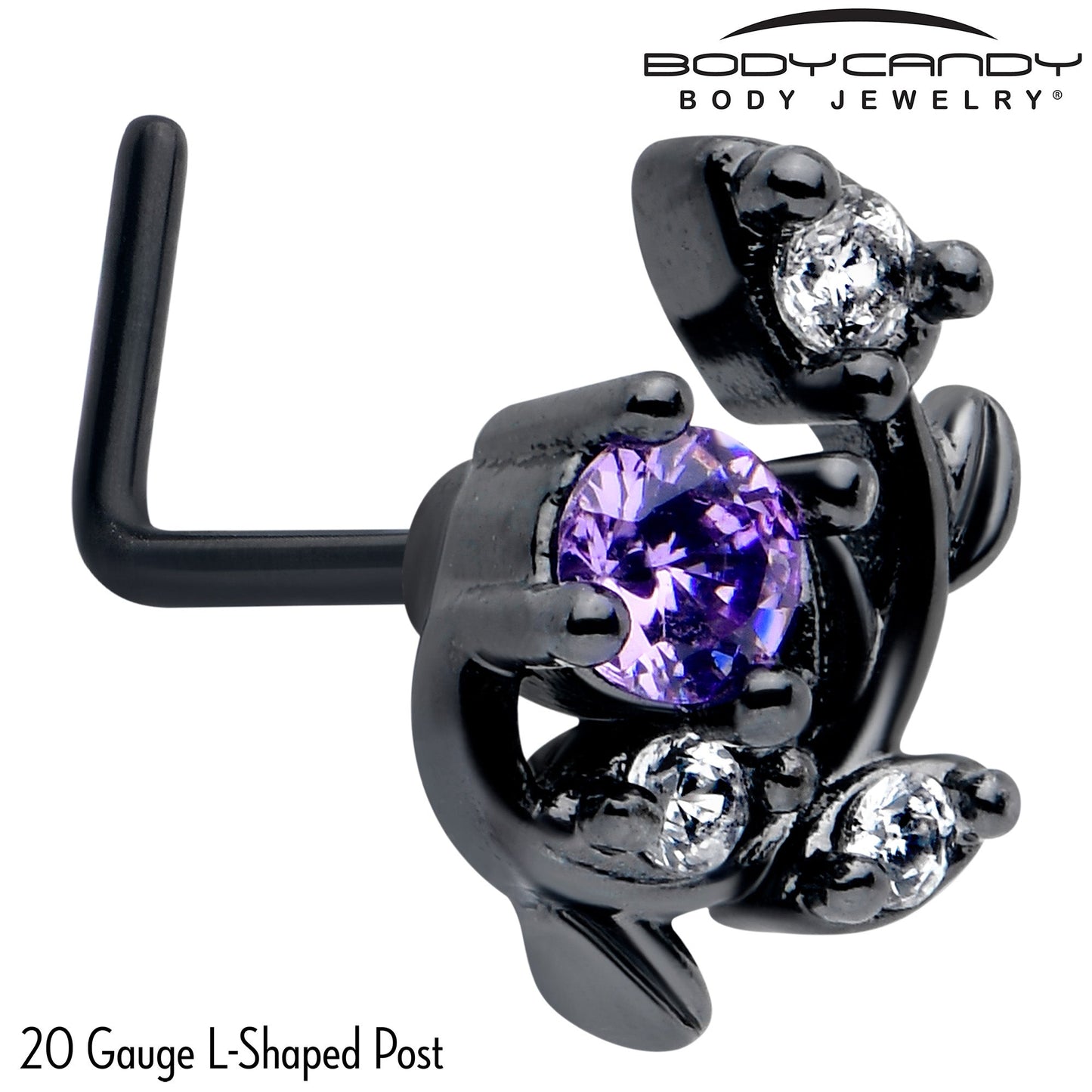 20G 7mm Purple Clear Gem Black Twining Vine L Shape Nose Ring
