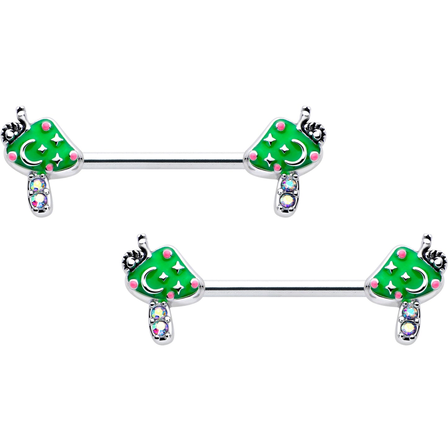 14G 9/16 Aurora Gem Fanciful Green Mushroom Barbell Nipple Ring Set