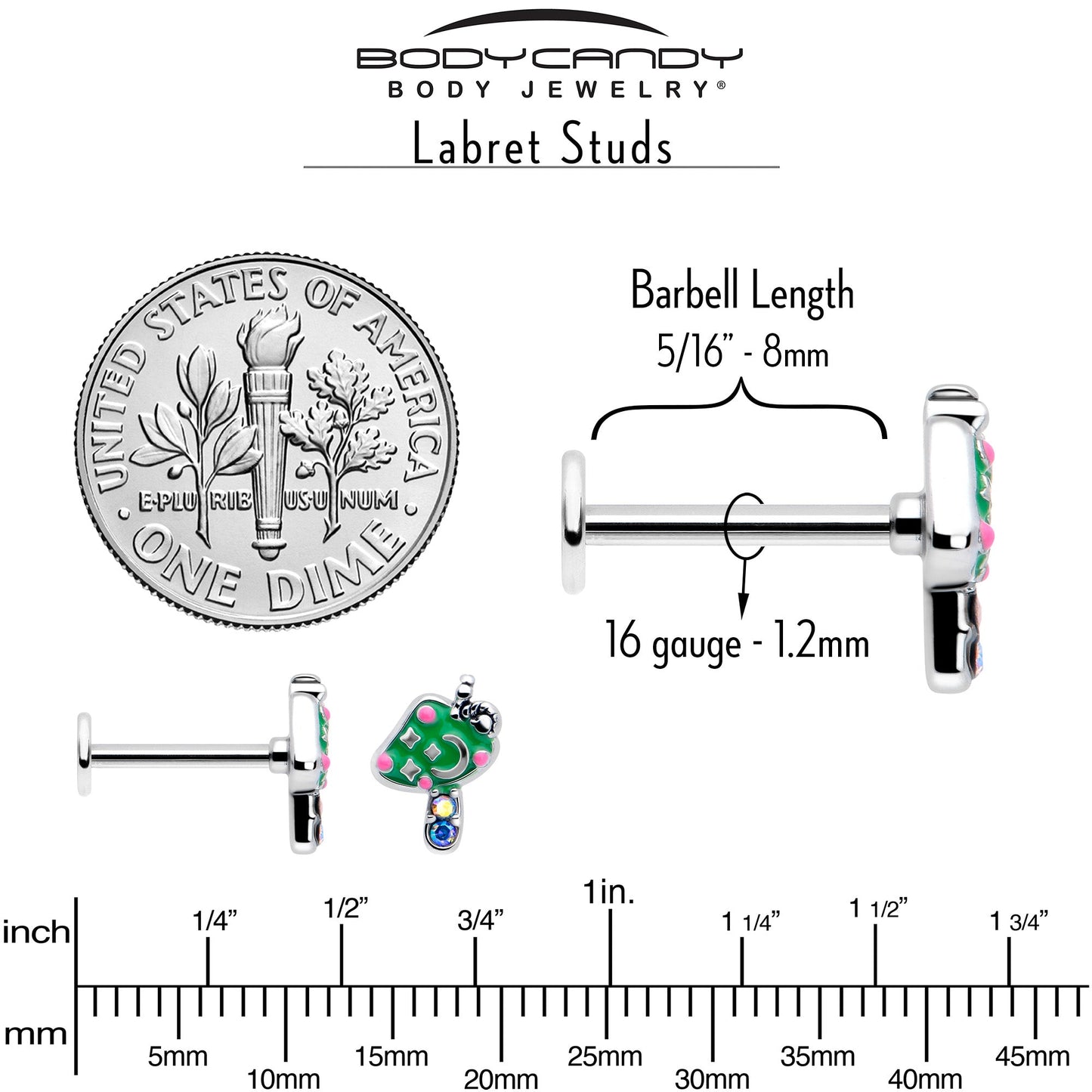 16G 5/16 Aurora Gem Fanciful Green Mushroom Labret Monroe Tragus