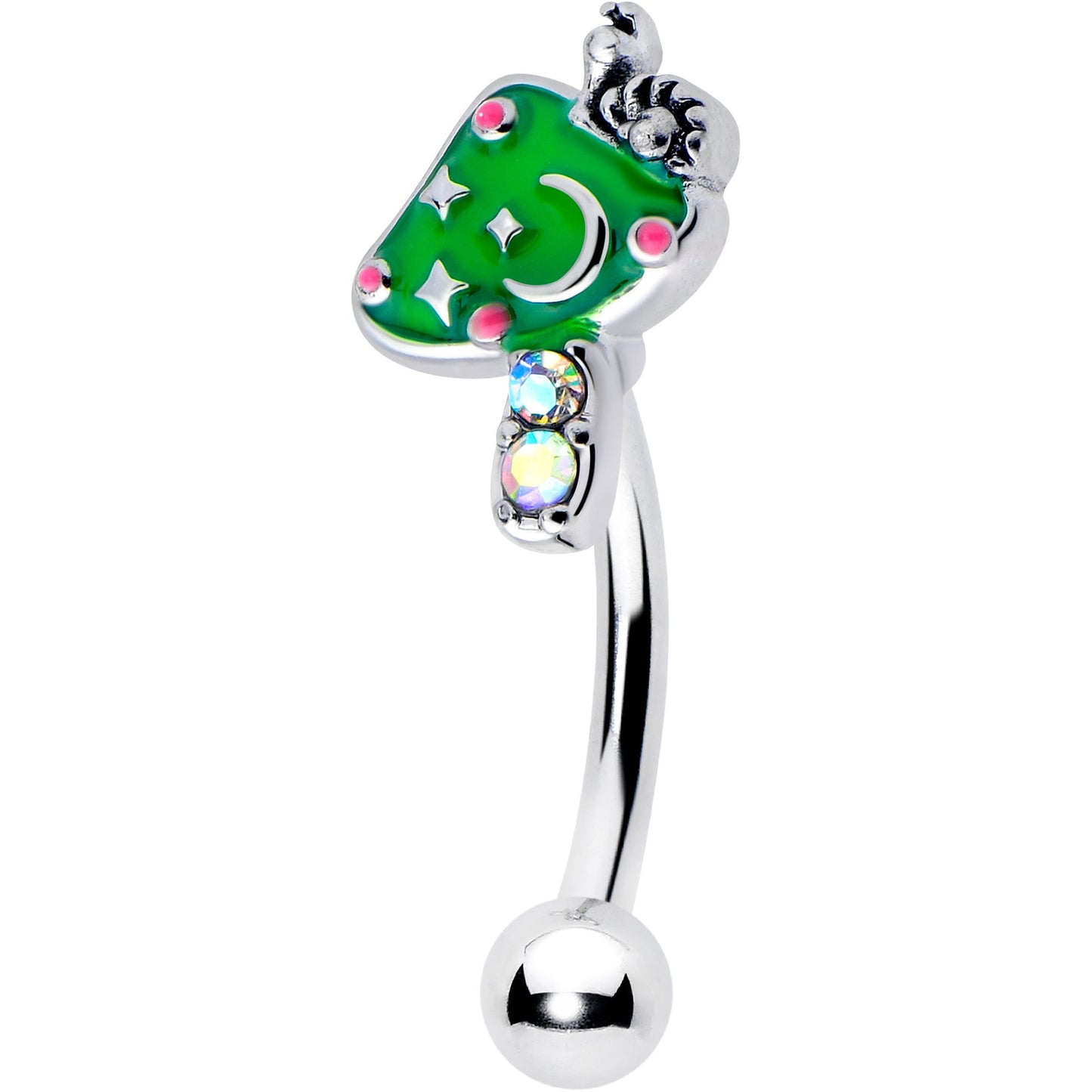 16G 5/16 Aurora Gem Fanciful Green Mushroom Curved Eyebrow Ring
