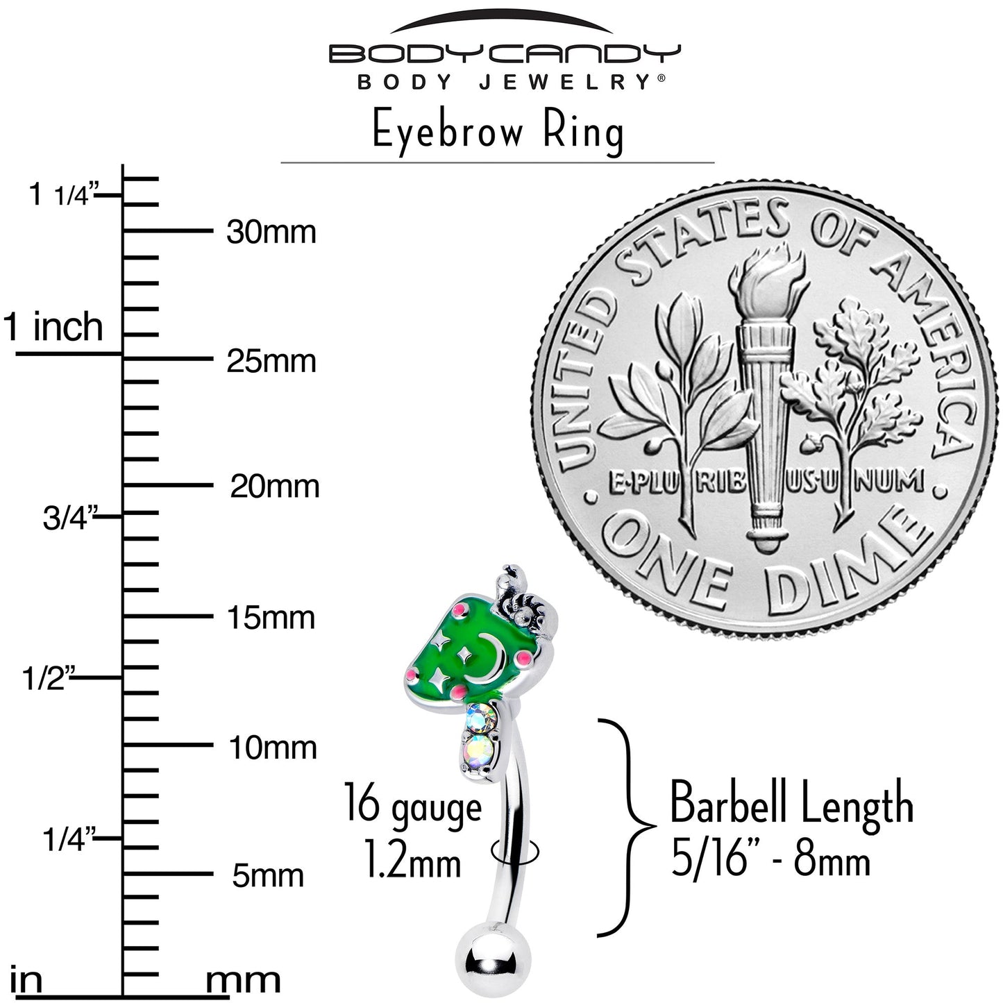 16G 5/16 Aurora Gem Fanciful Green Mushroom Curved Eyebrow Ring